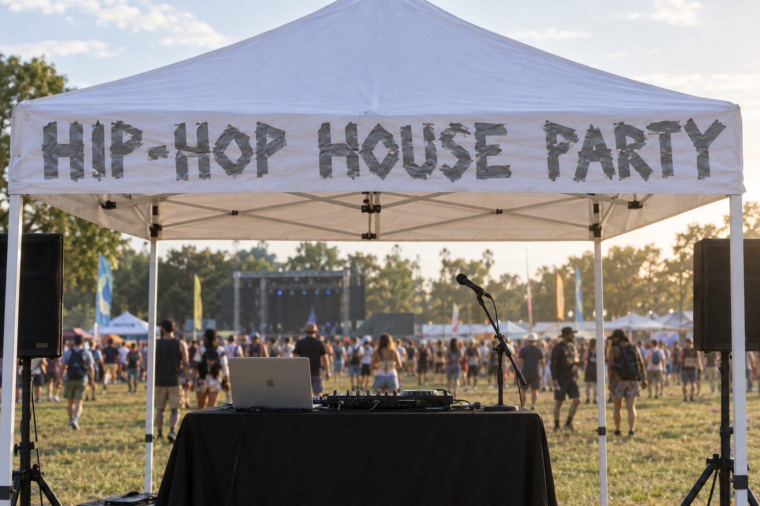 The Hip-Hop House Party tent at a festival, the name spelled out in duct tape across the front, a DJ table and a microphone underneath